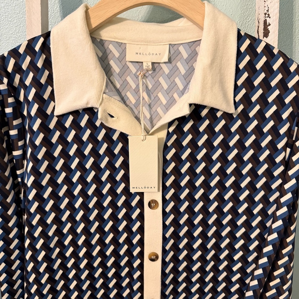 NWT Melloday Navy Cream Geometric Button Up Collared Long Sleeve Size L - Picture 2 of 10